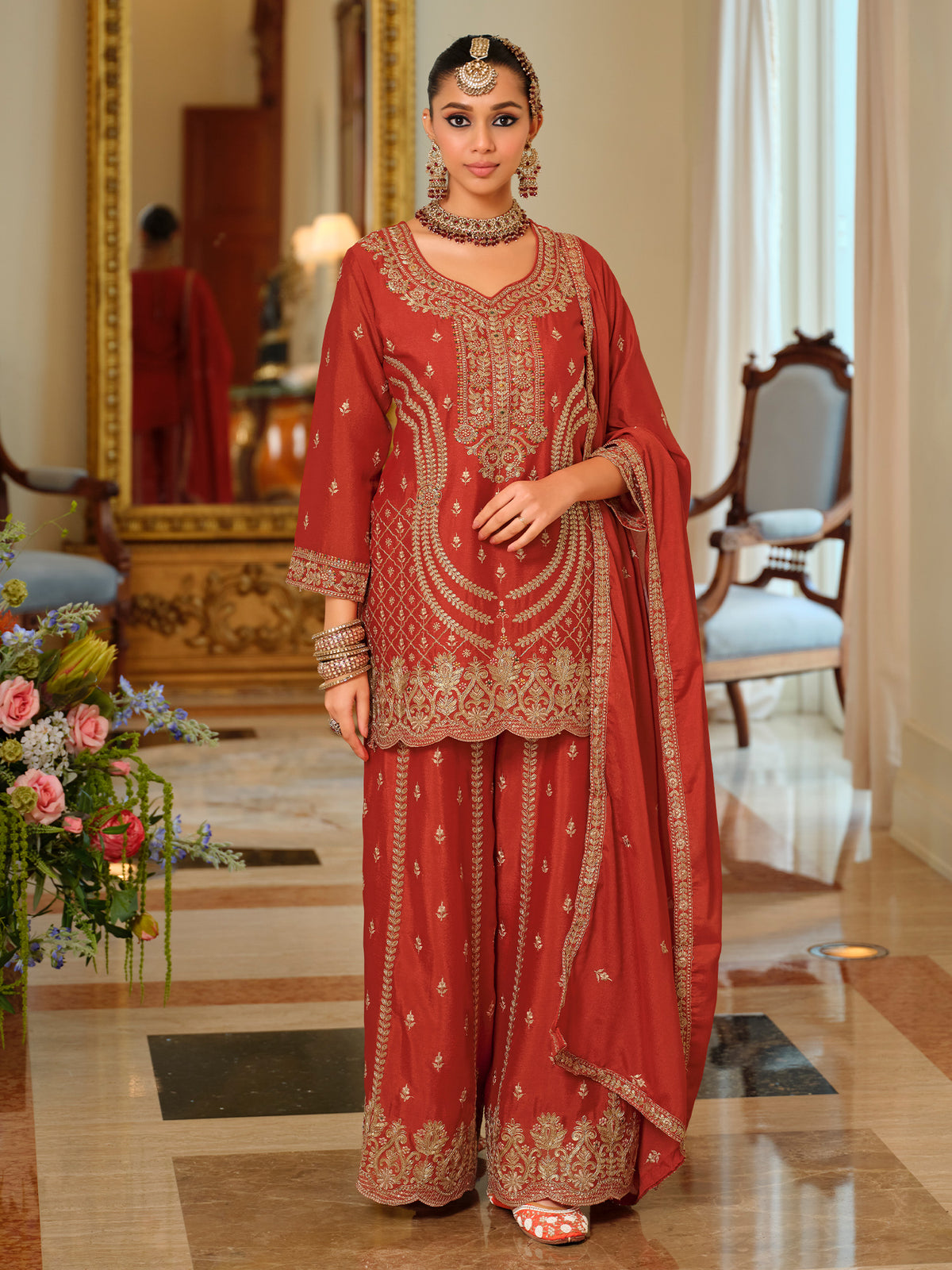 Rust Embroidered Straight Kurta Palazzos With Dupatta Set