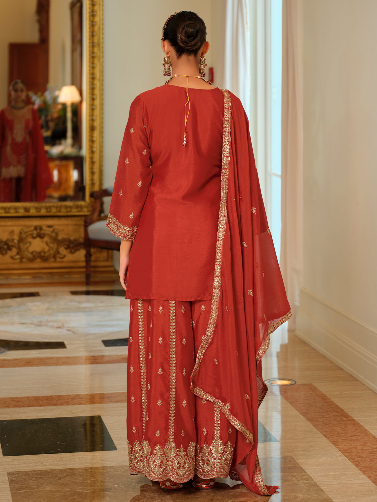 Rust Embroidered Straight Kurta Palazzos With Dupatta Set