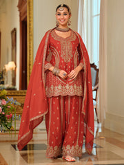 Rust Embroidered Straight Kurta Palazzos With Dupatta Set