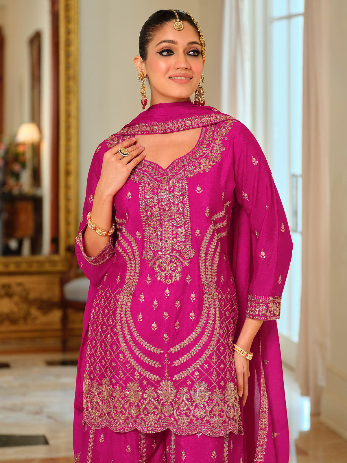 Pink Embroidered Straight Kurta Palazzos With Dupatta Set