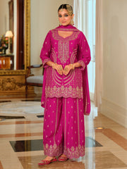 Pink Embroidered Straight Kurta Palazzos With Dupatta Set