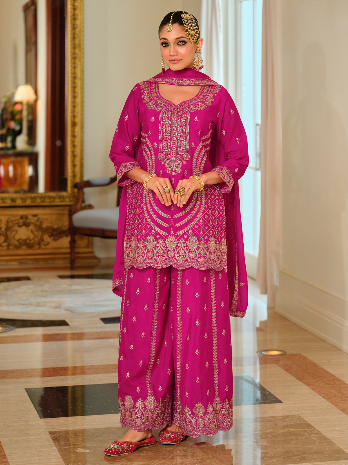 Pink Embroidered Straight Kurta Palazzos With Dupatta Set