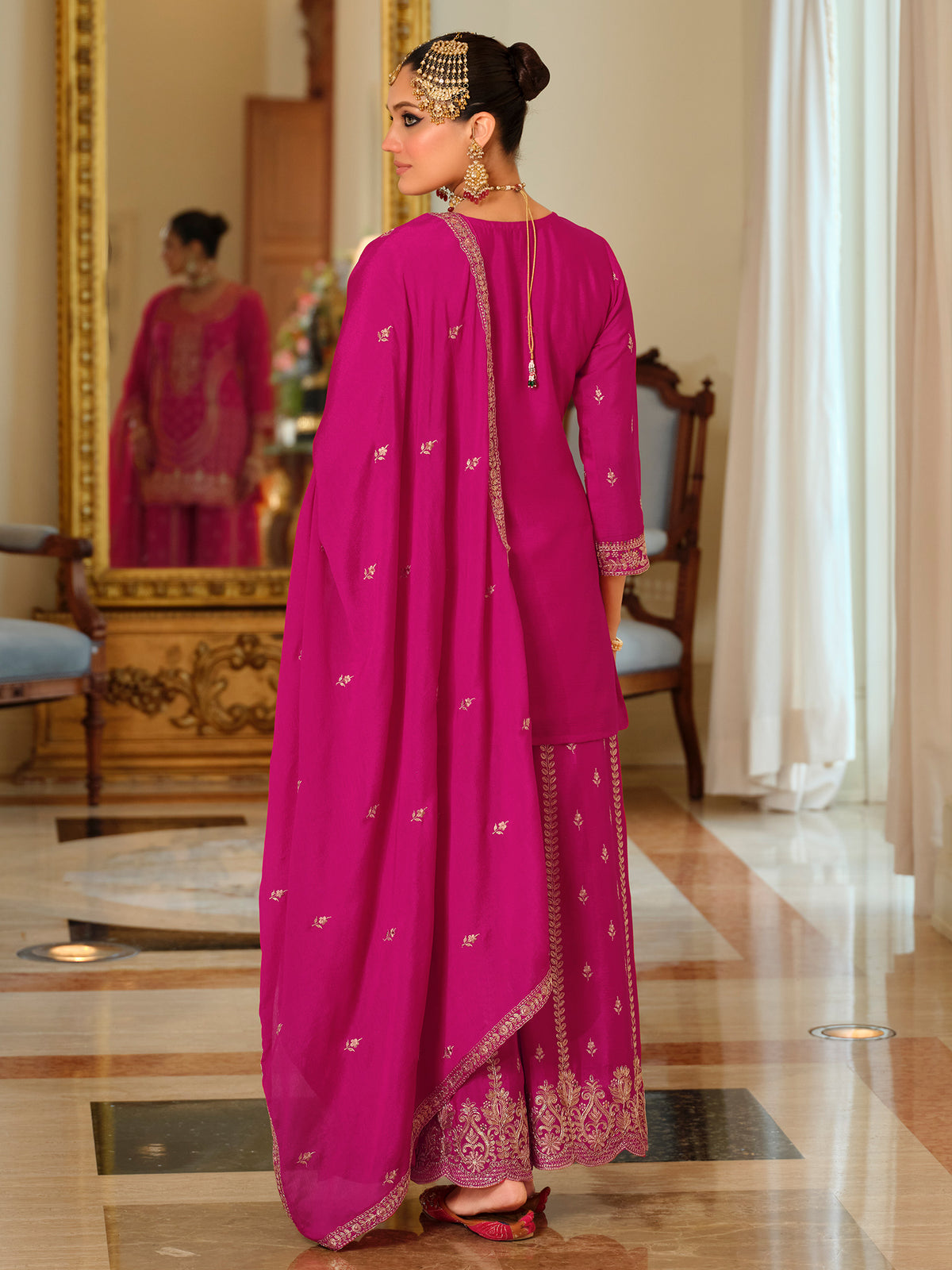 Pink Embroidered Straight Kurta Palazzos With Dupatta Set