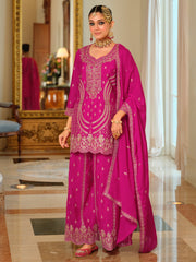 Pink Embroidered Straight Kurta Palazzos With Dupatta Set