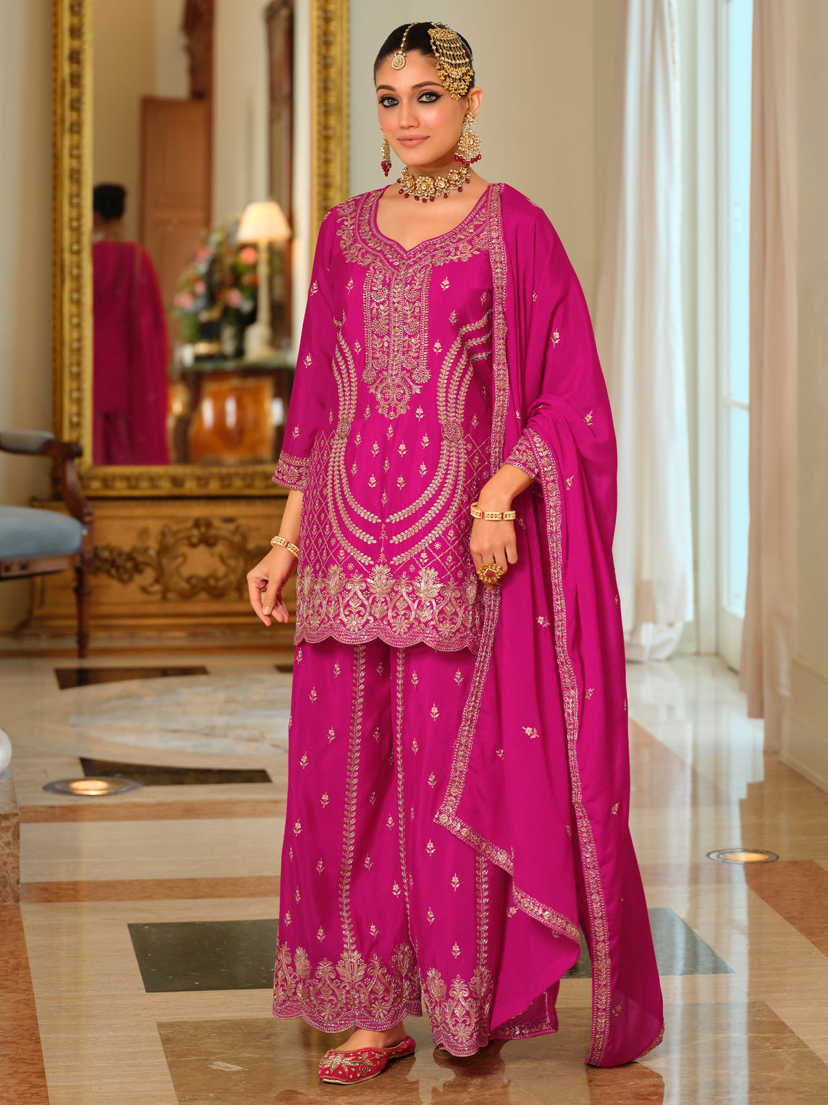 Pink Embroidered Straight Kurta Palazzos With Dupatta Set