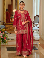 Red Embroidered Straight Kurta Palazzos With Dupatta Set