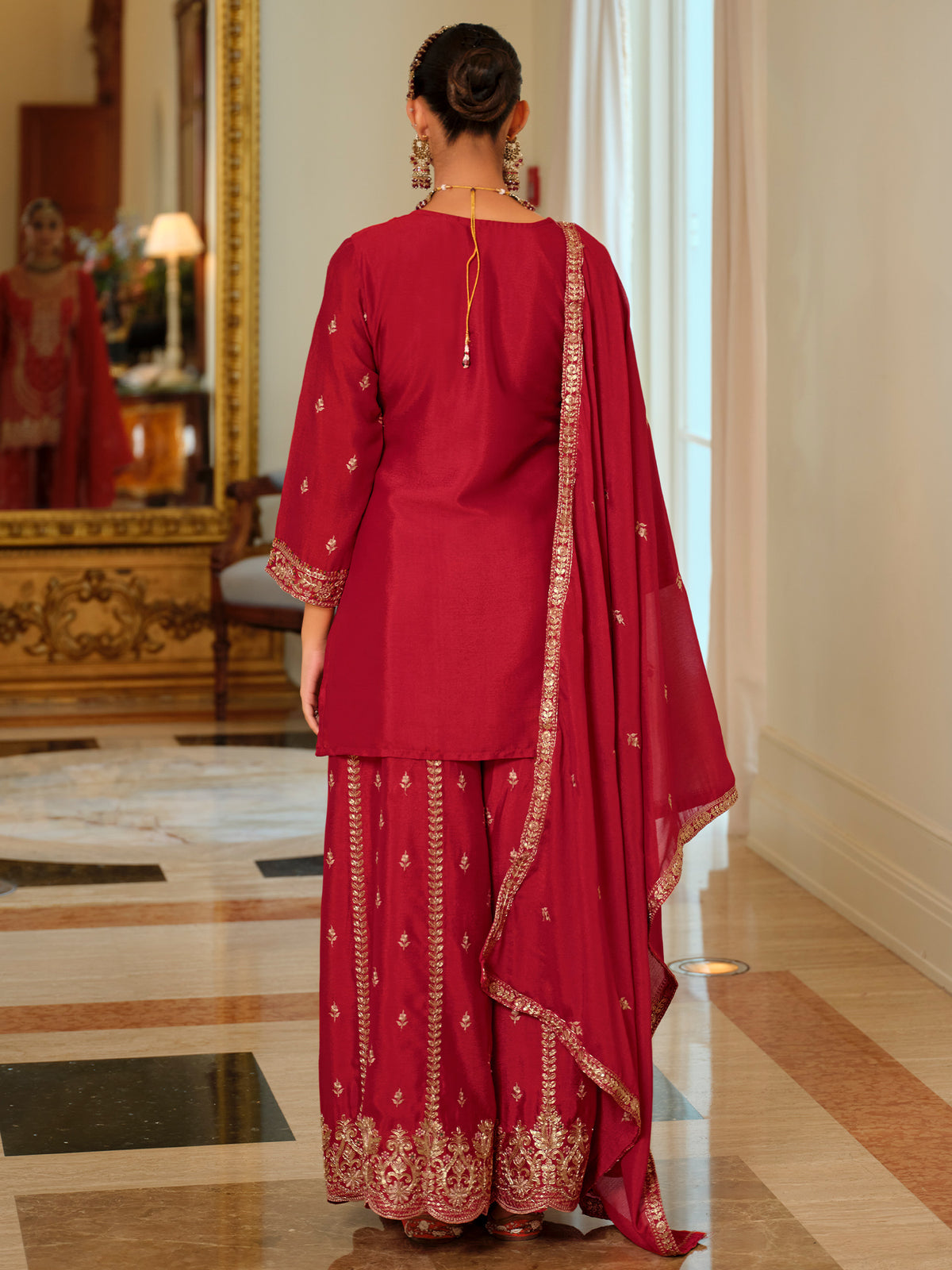 Red Embroidered Straight Kurta Palazzos With Dupatta Set