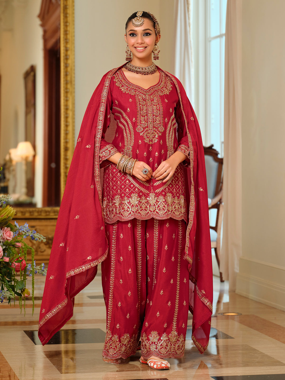 Red Embroidered Straight Kurta Palazzos With Dupatta Set