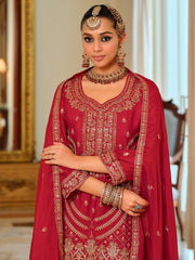 Red Embroidered Straight Kurta Palazzos With Dupatta Set