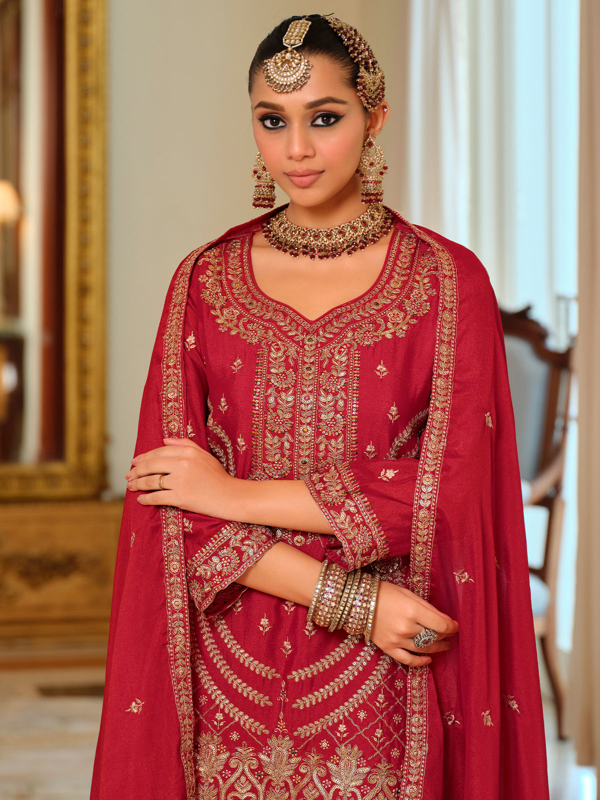 Red Embroidered Straight Kurta Palazzos With Dupatta Set