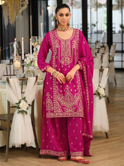 Red Embroidered Straight Kurta Palazzos With Dupatta Set