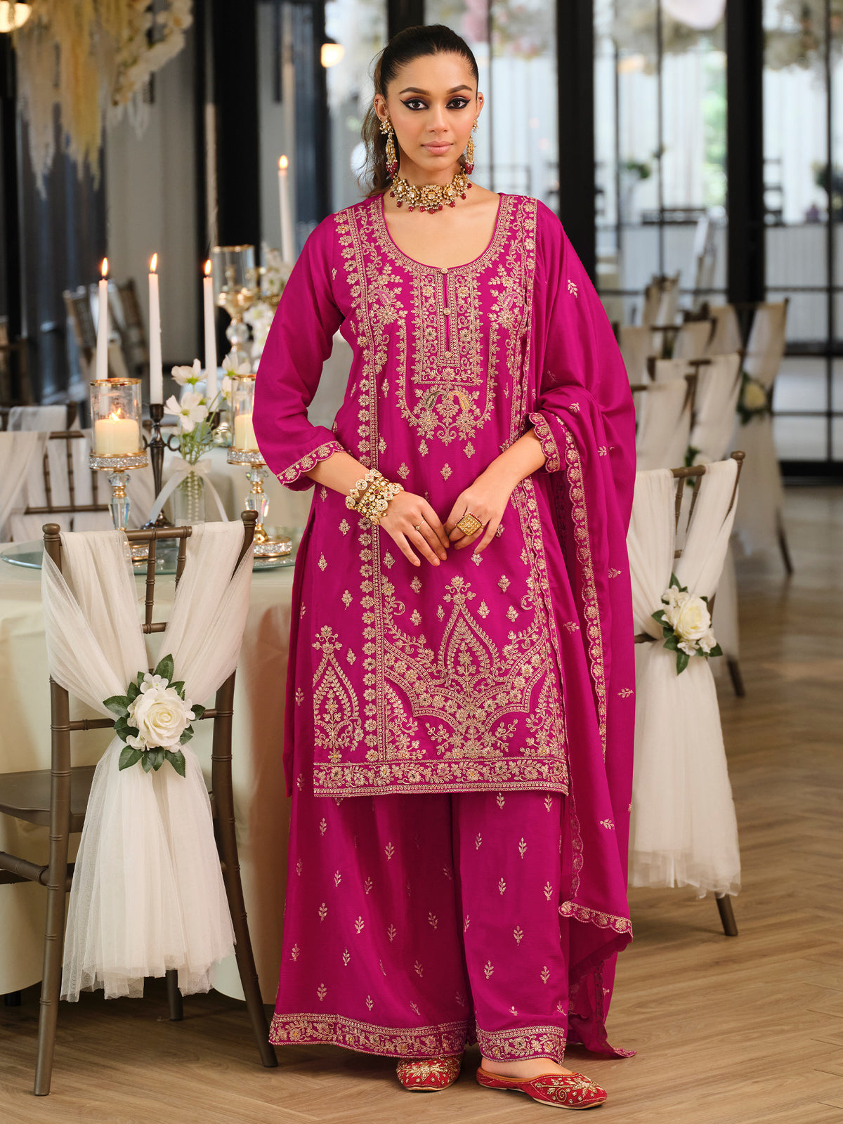 Red Embroidered Straight Kurta Palazzos With Dupatta Set