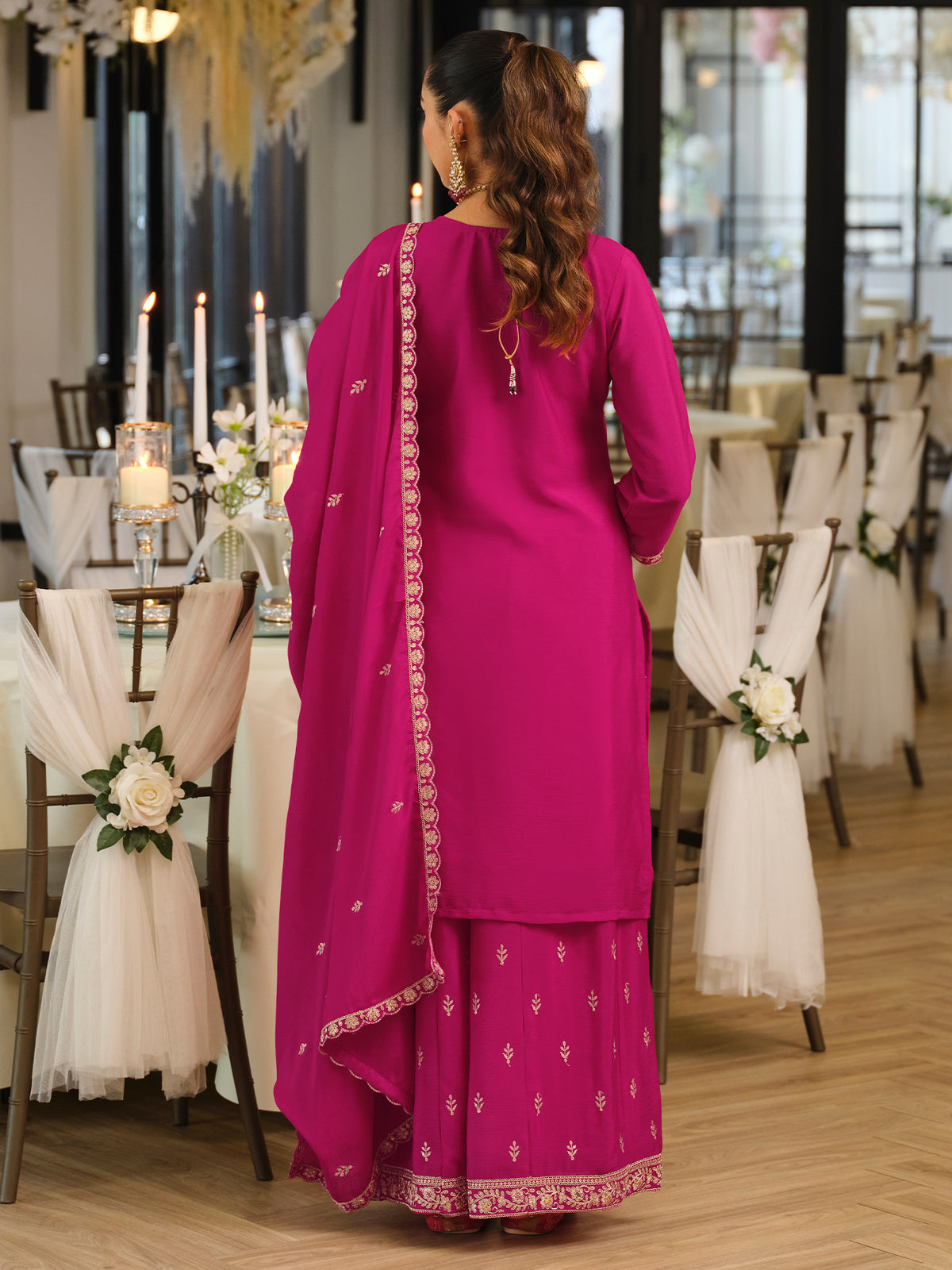 Red Embroidered Straight Kurta Palazzos With Dupatta Set