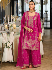 Red Embroidered Straight Kurta Palazzos With Dupatta Set