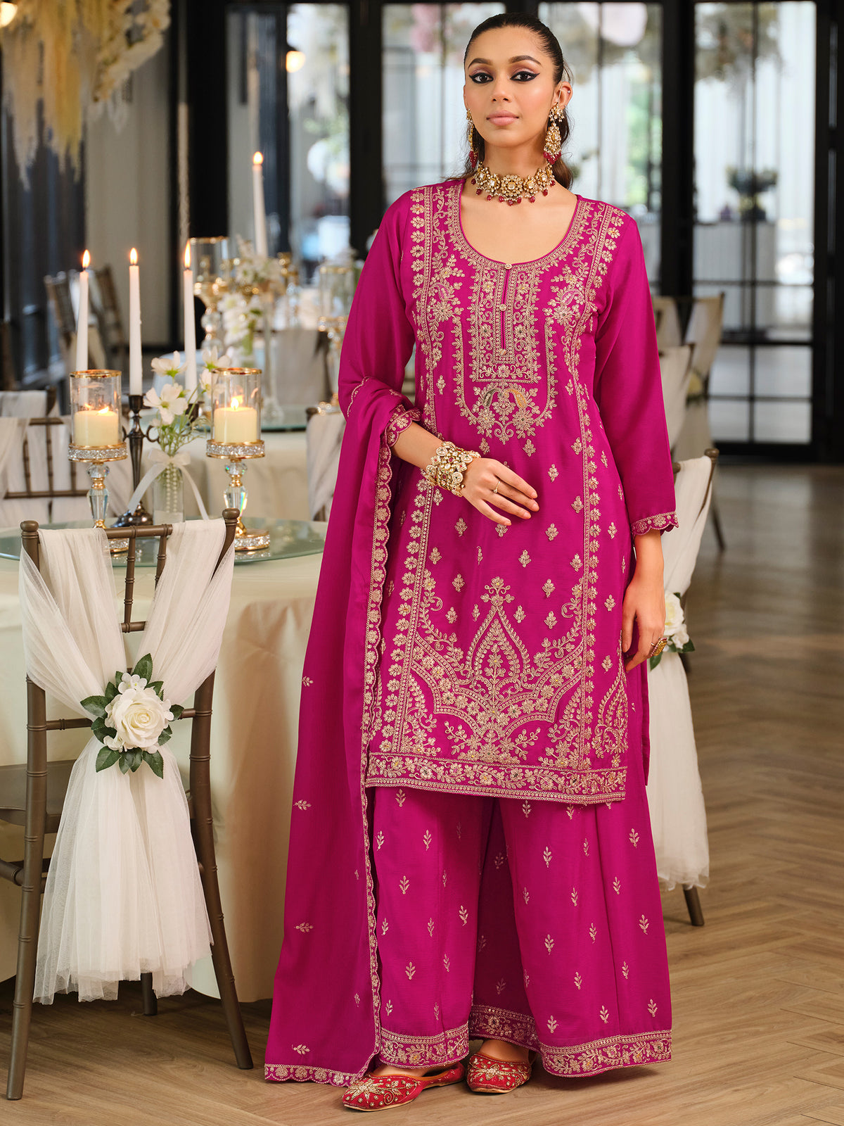 Red Embroidered Straight Kurta Palazzos With Dupatta Set