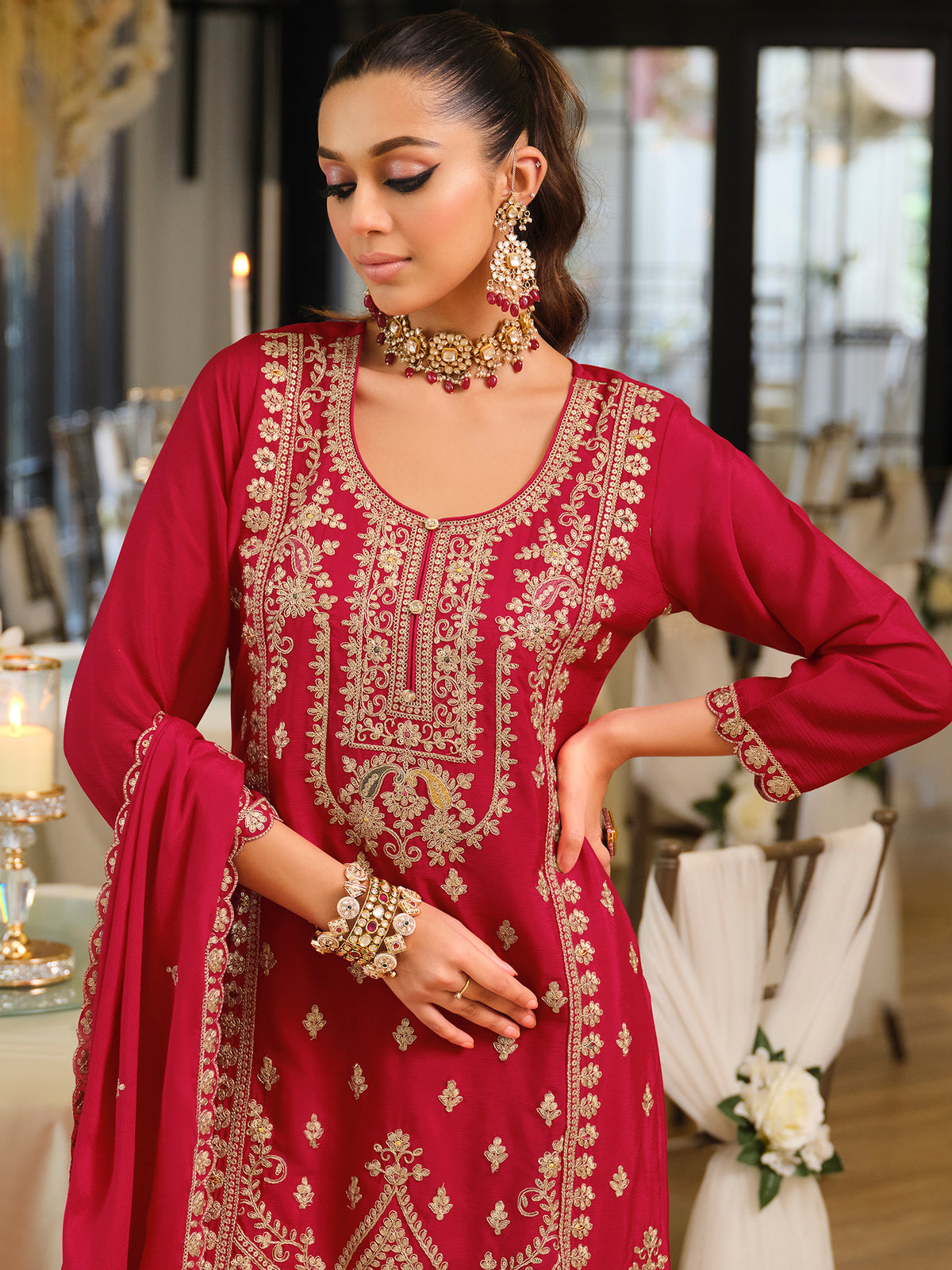 Pink Embroidered Straight Kurta Palazzos With Dupatta Set