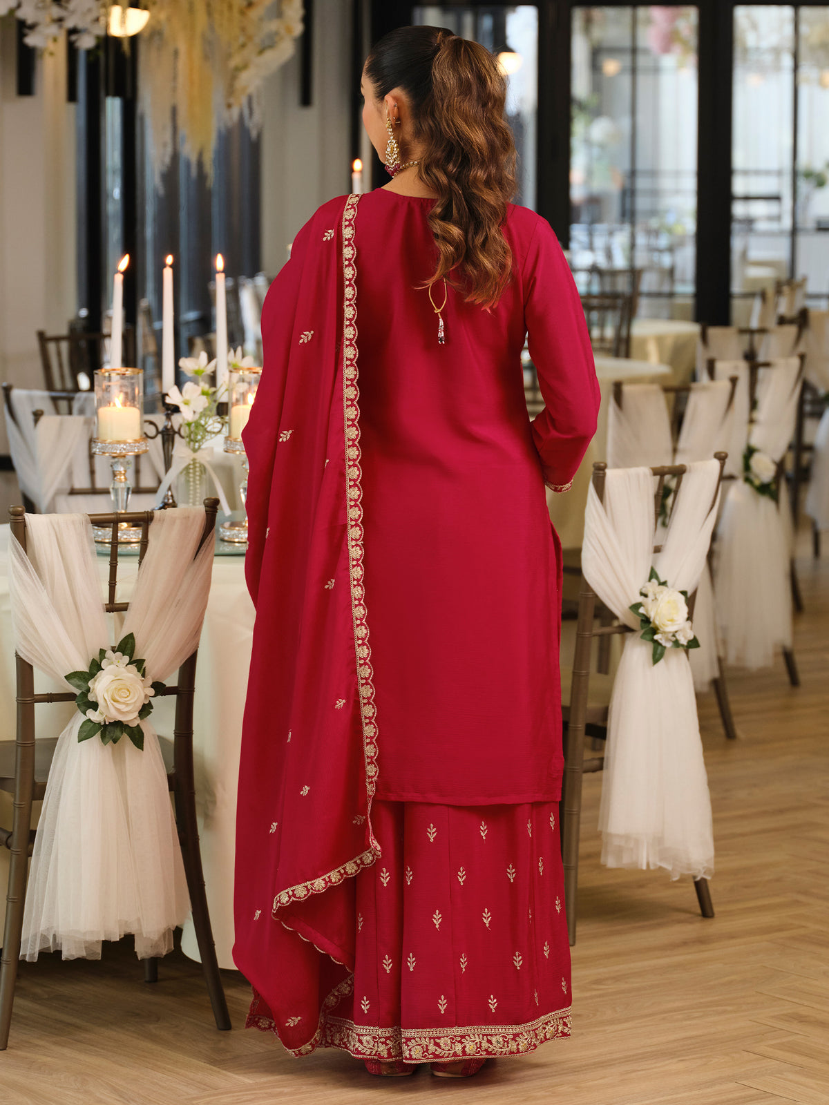Pink Embroidered Straight Kurta Palazzos With Dupatta Set