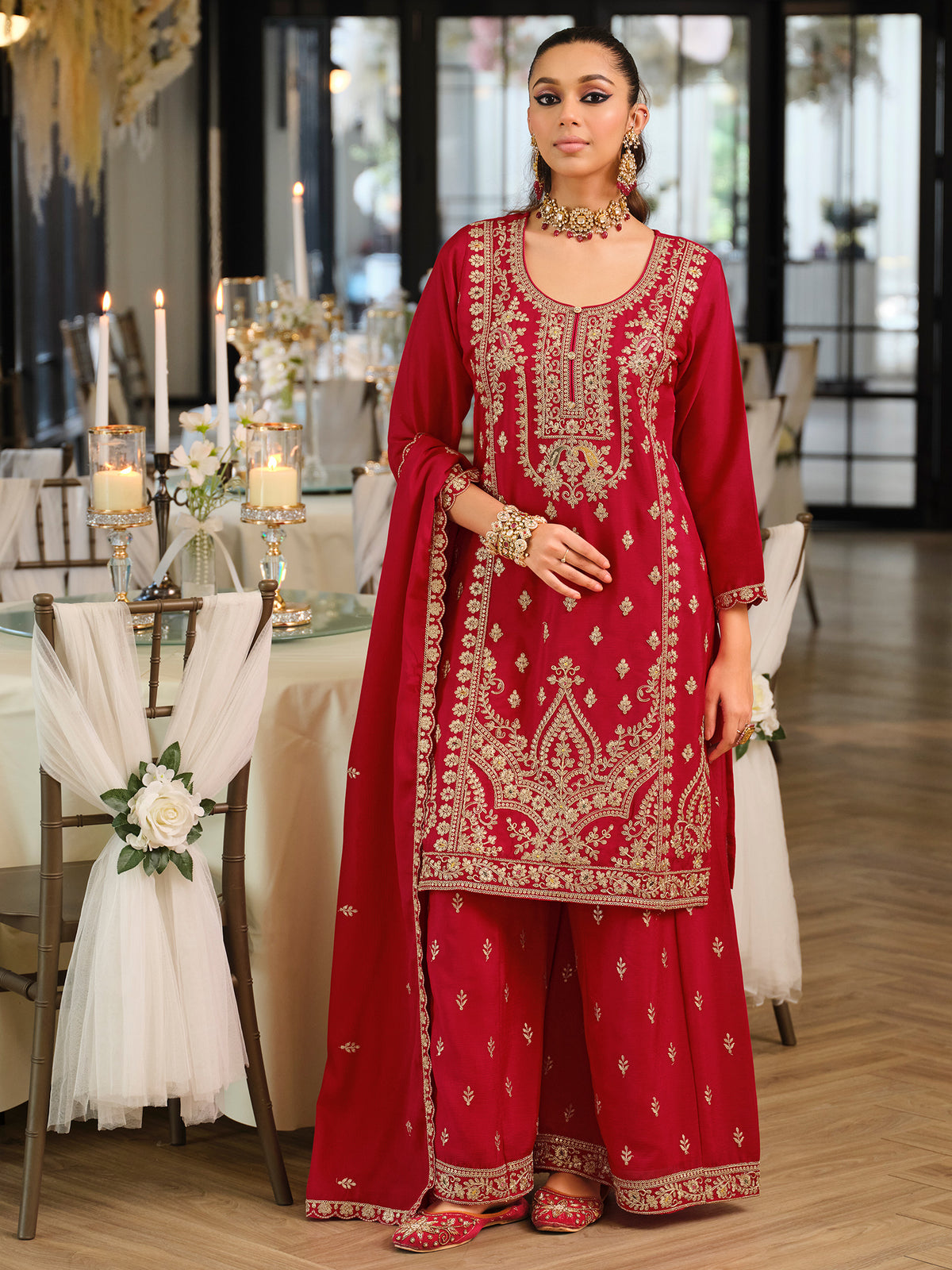 Pink Embroidered Straight Kurta Palazzos With Dupatta Set
