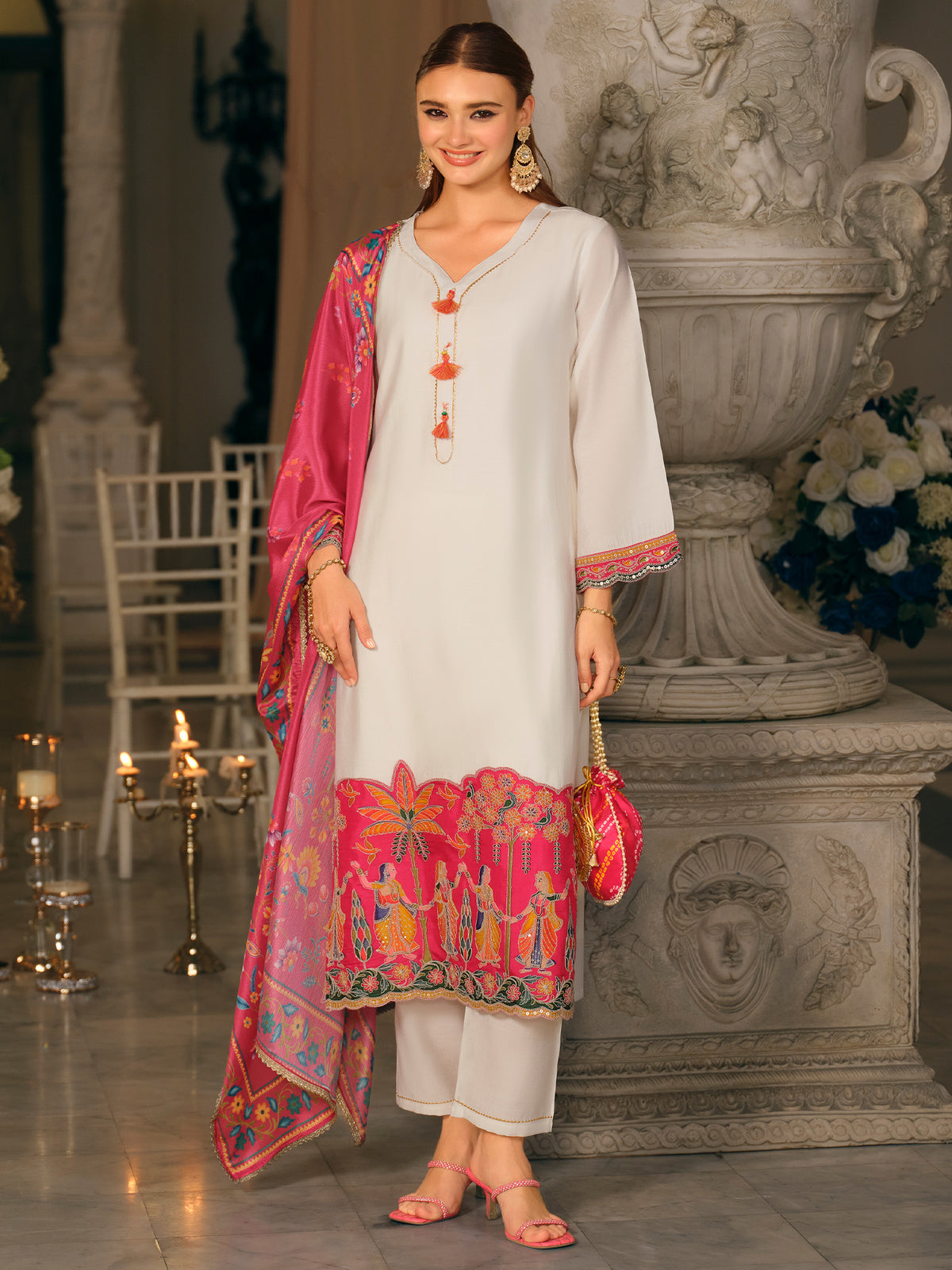 White Embroidered Straight Kurta Trousers With Dupatta Set