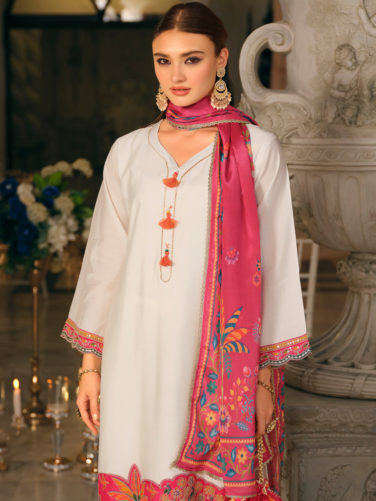White Embroidered Straight Kurta Trousers With Dupatta Set