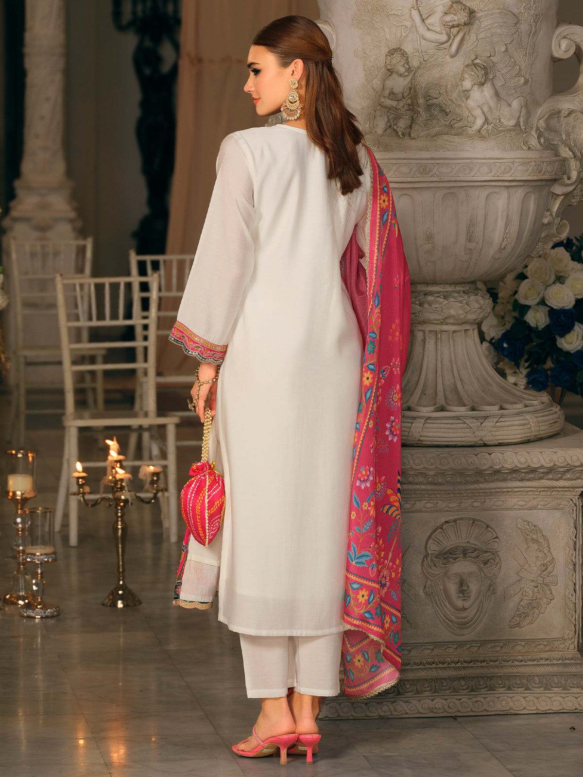 White Embroidered Straight Kurta Trousers With Dupatta Set