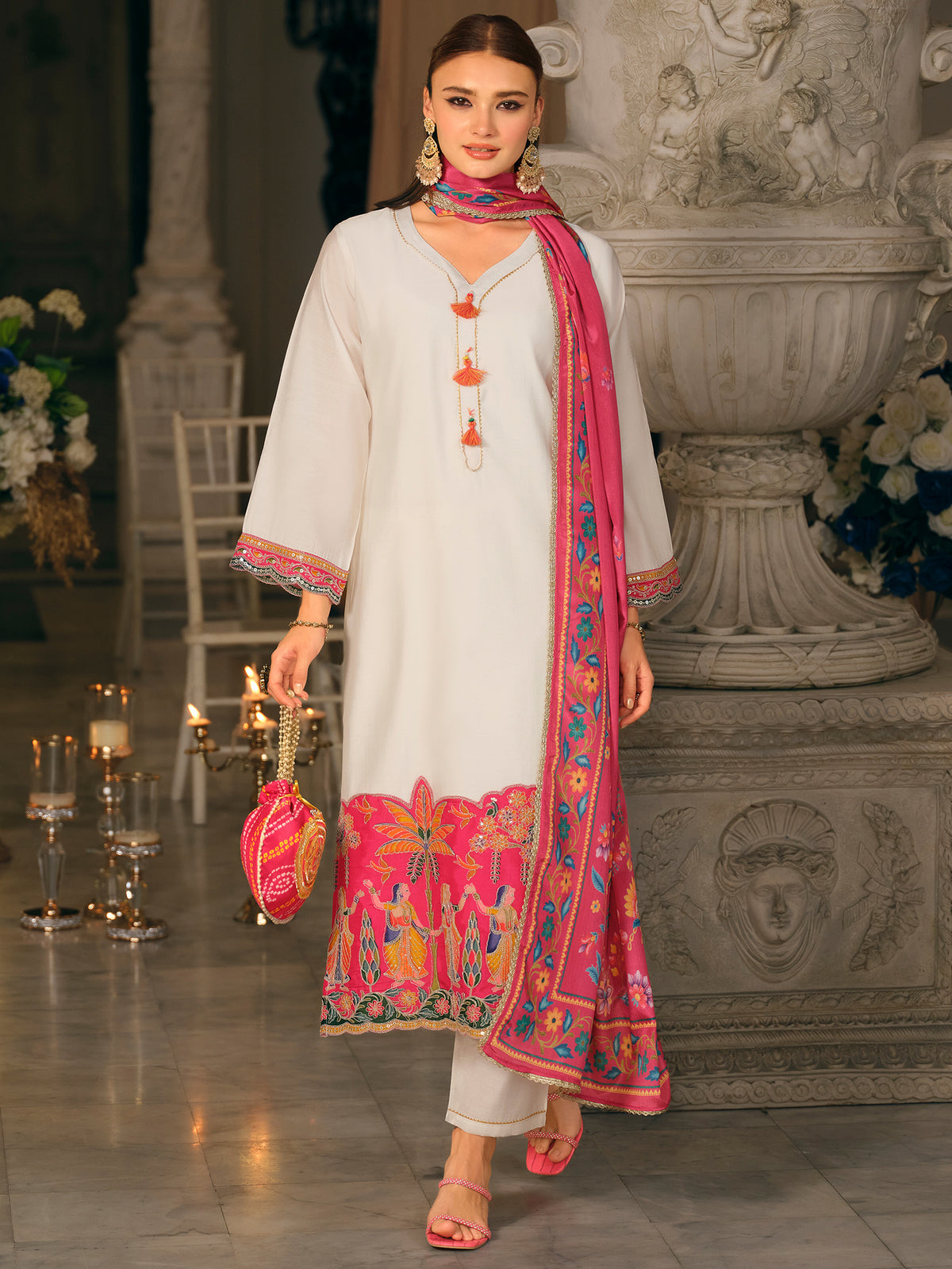 White Embroidered Straight Kurta Trousers With Dupatta Set