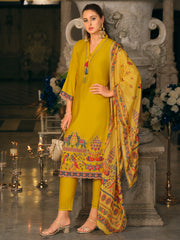 Yellow Embroidered Straight Kurta Trousers With Dupatta Set