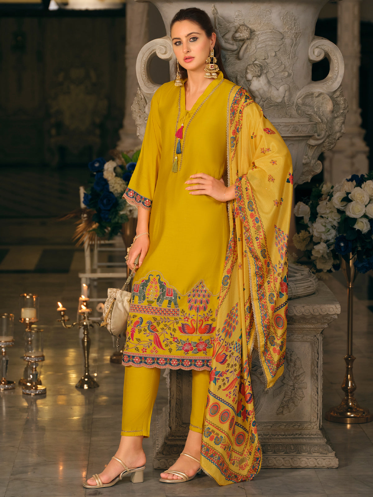 Yellow Embroidered Straight Kurta Trousers With Dupatta Set