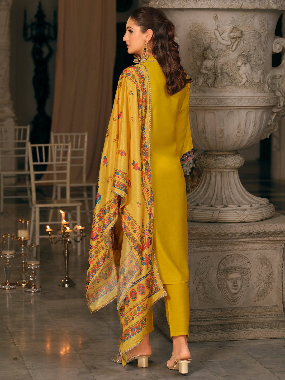 Yellow Embroidered Straight Kurta Trousers With Dupatta Set