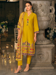 Yellow Embroidered Straight Kurta Trousers With Dupatta Set