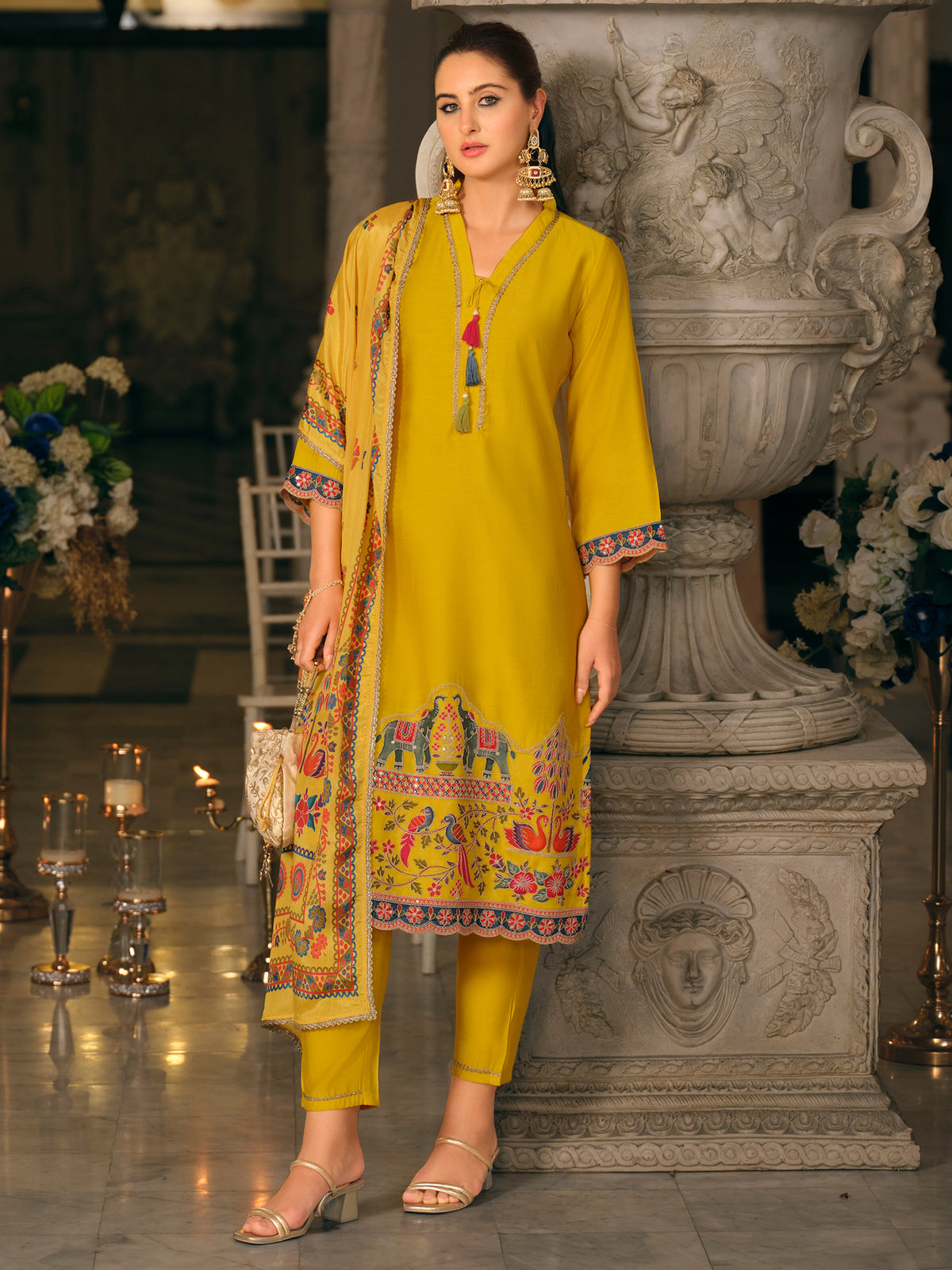 Yellow Embroidered Straight Kurta Trousers With Dupatta Set