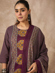 Purple Printed Straight Kurta Trousers With Dupatta Set