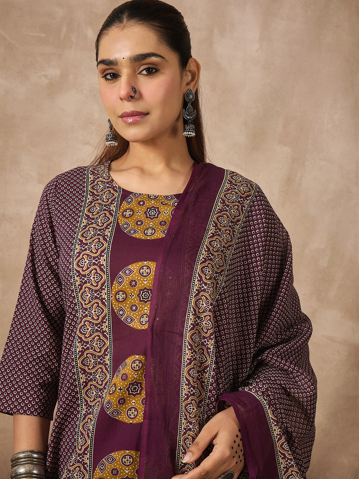 Purple Printed Straight Kurta Trousers With Dupatta Set