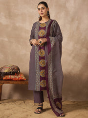 Purple Printed Straight Kurta Trousers With Dupatta Set