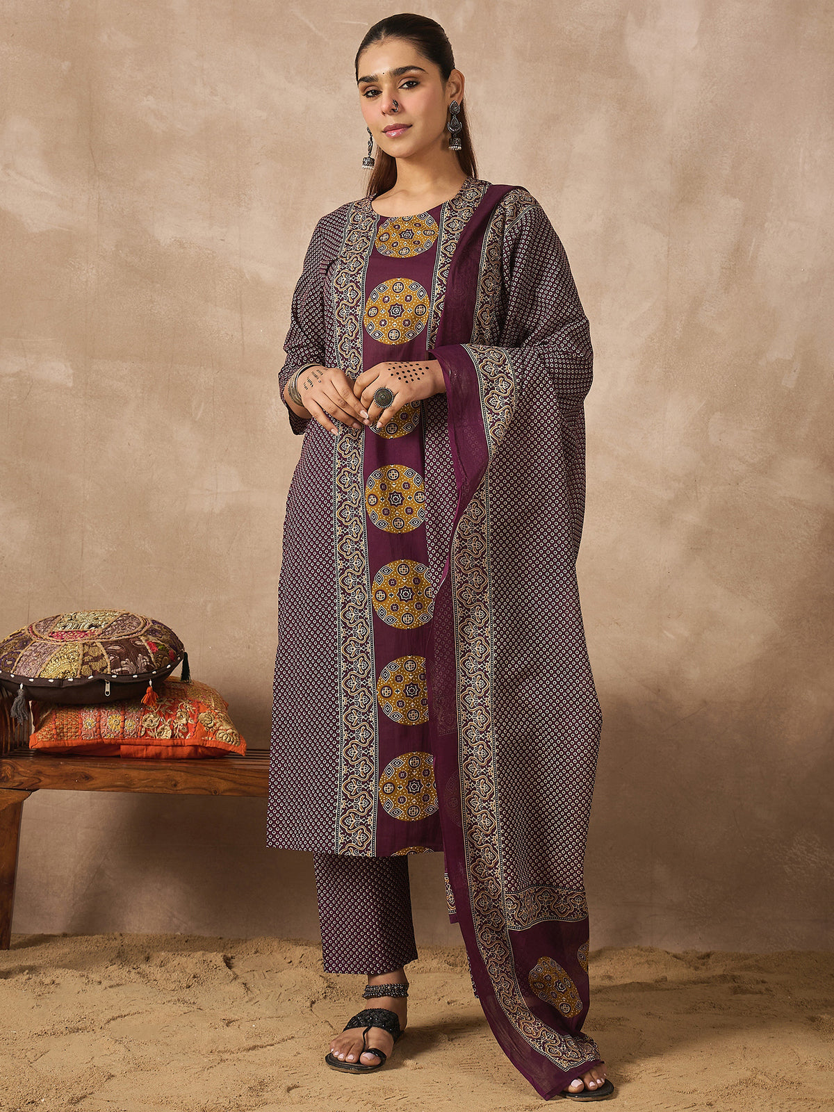 Purple Printed Straight Kurta Trousers With Dupatta Set