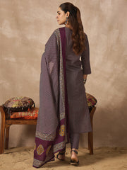 Purple Printed Straight Kurta Trousers With Dupatta Set