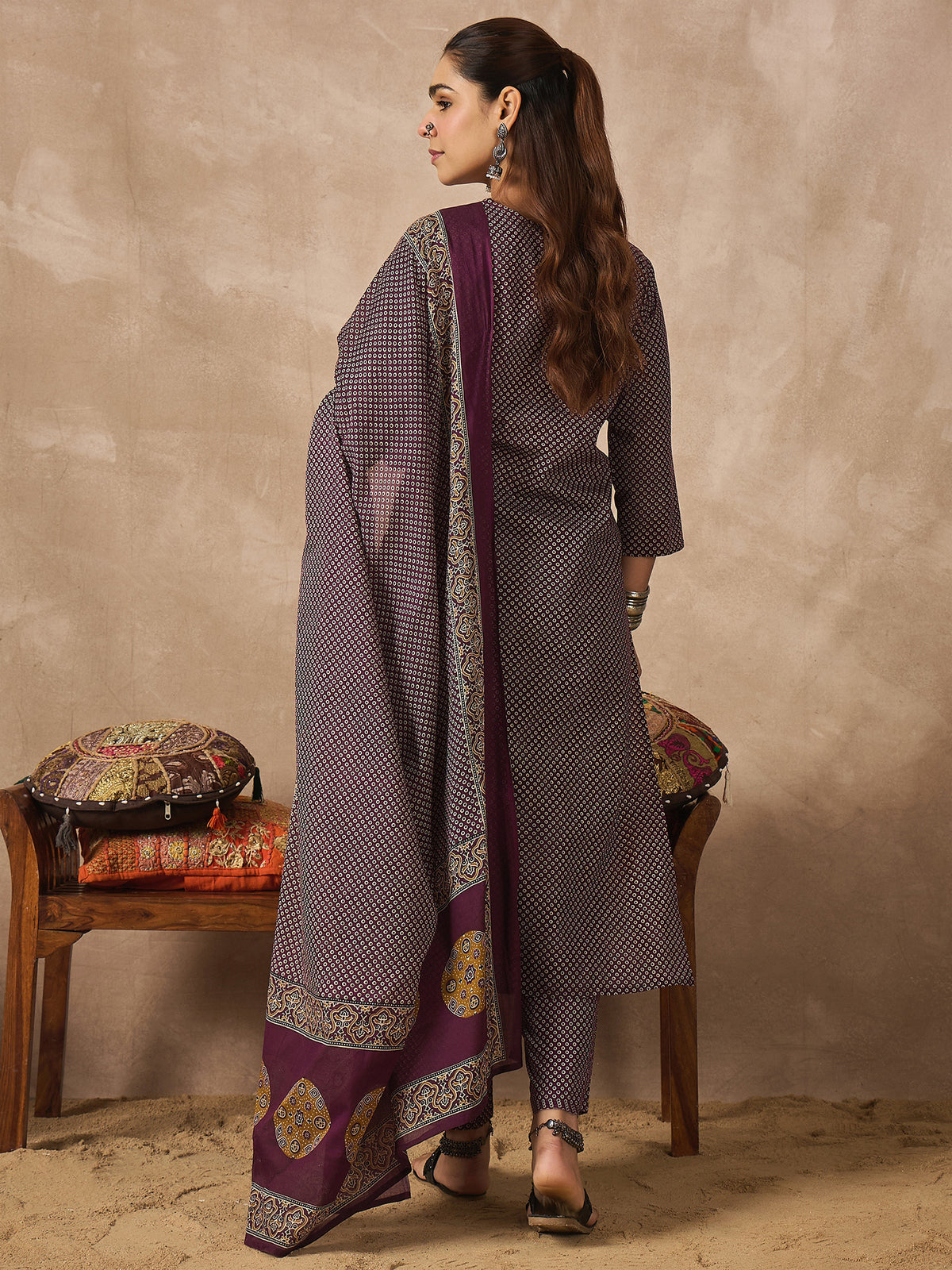 Purple Printed Straight Kurta Trousers With Dupatta Set