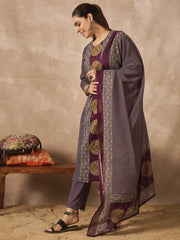 Purple Printed Straight Kurta Trousers With Dupatta Set