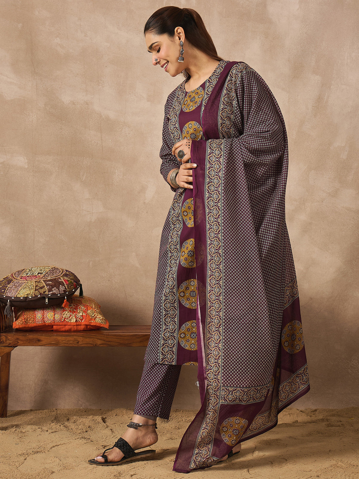 Purple Printed Straight Kurta Trousers With Dupatta Set