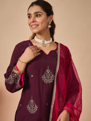 Purple Embroidered A-Line Kurta Trousers With Dupatta Set
