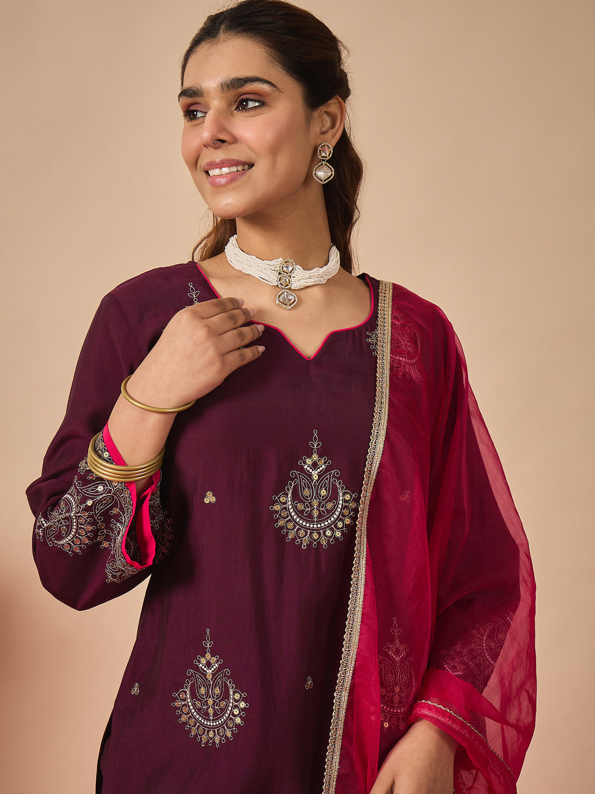 Purple Embroidered A-Line Kurta Trousers With Dupatta Set