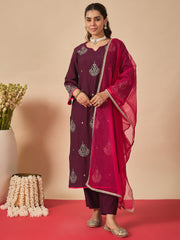 Purple Embroidered A-Line Kurta Trousers With Dupatta Set
