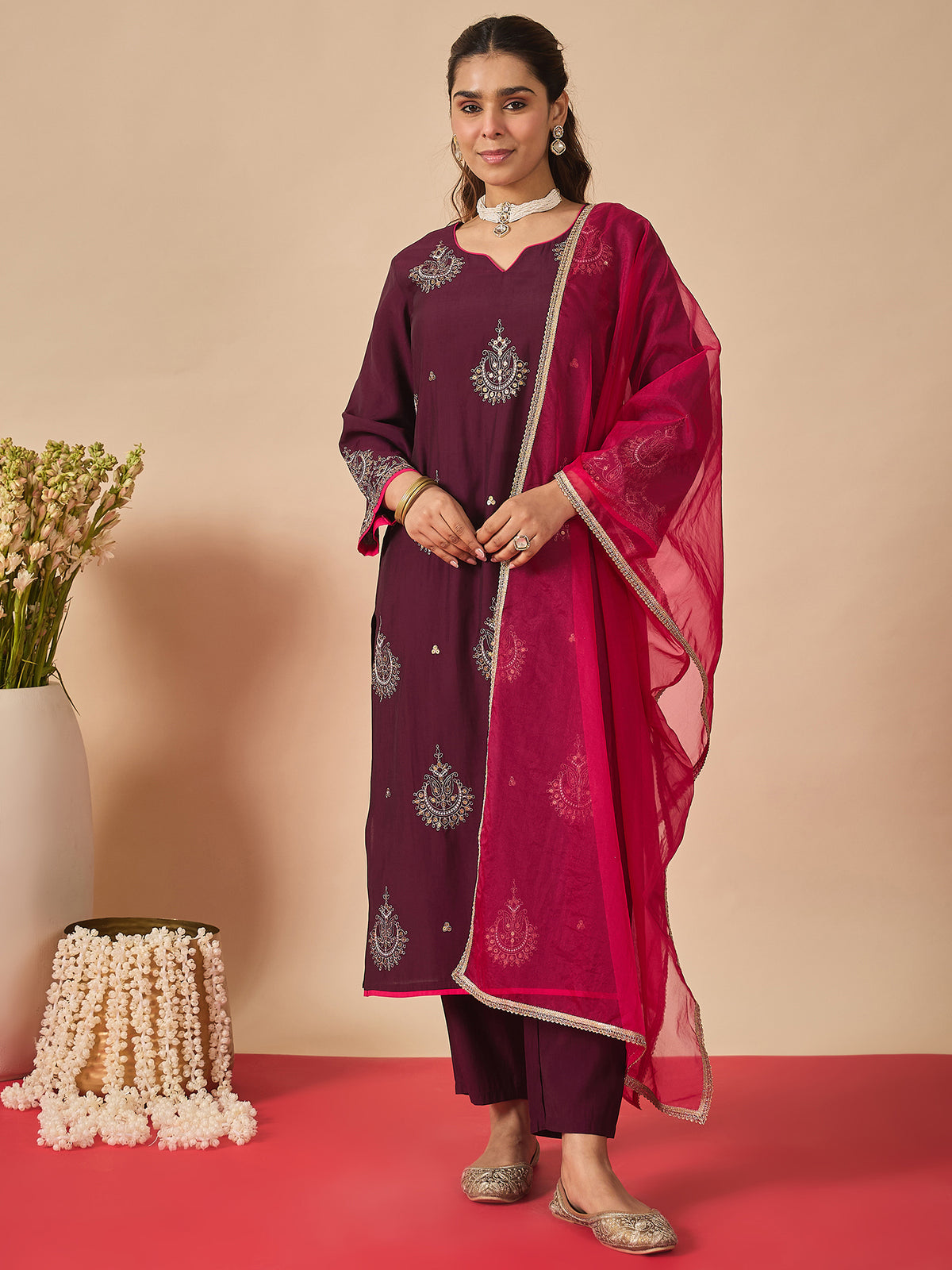 Purple Embroidered A-Line Kurta Trousers With Dupatta Set