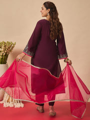 Purple Embroidered A-Line Kurta Trousers With Dupatta Set
