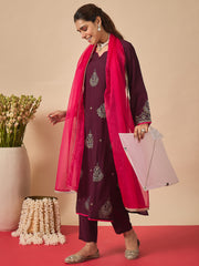 Purple Embroidered A-Line Kurta Trousers With Dupatta Set