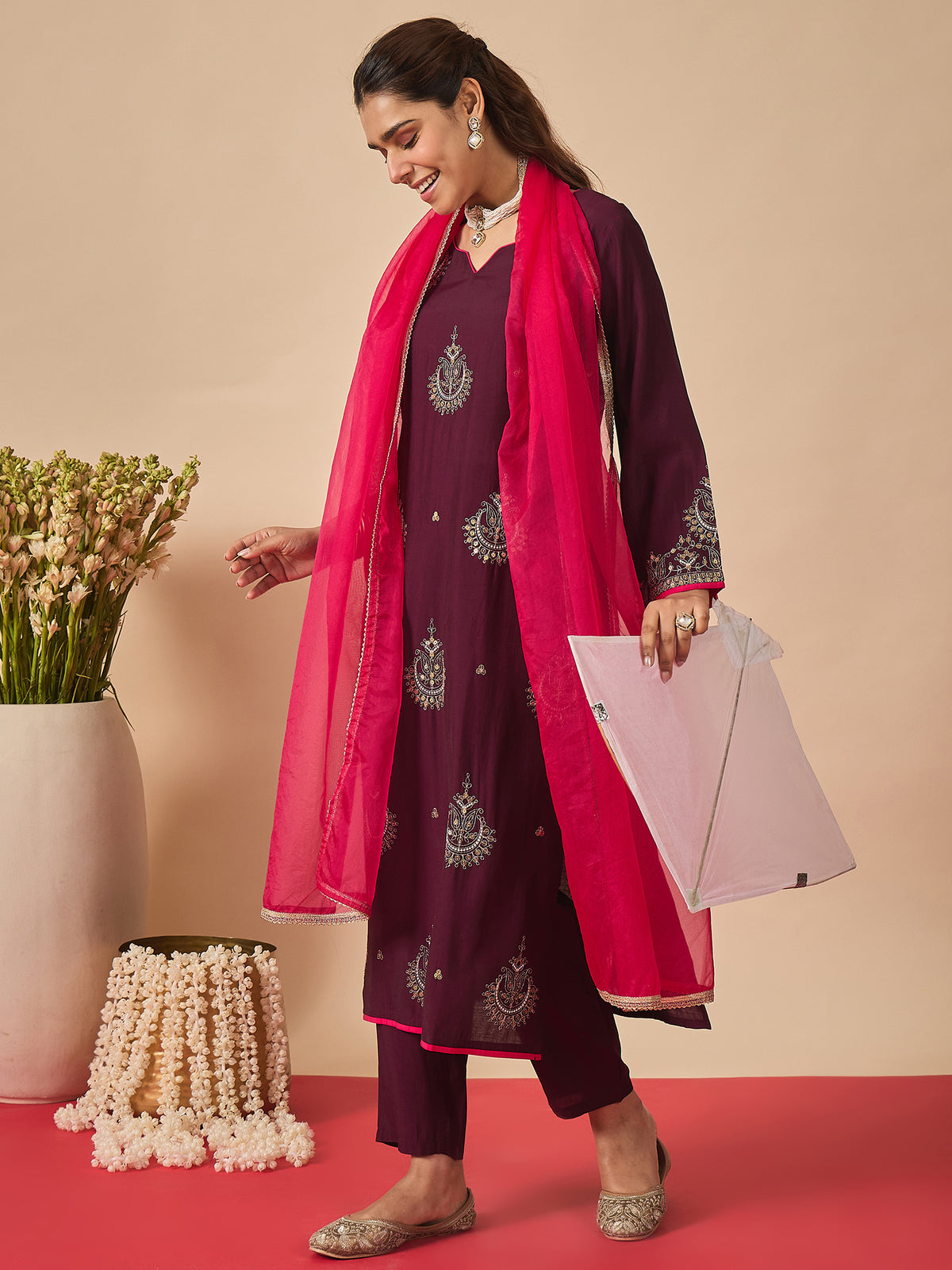 Purple Embroidered A-Line Kurta Trousers With Dupatta Set
