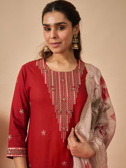 Rust Embroidered Straight Kurta Palazzos With Dupatta Set