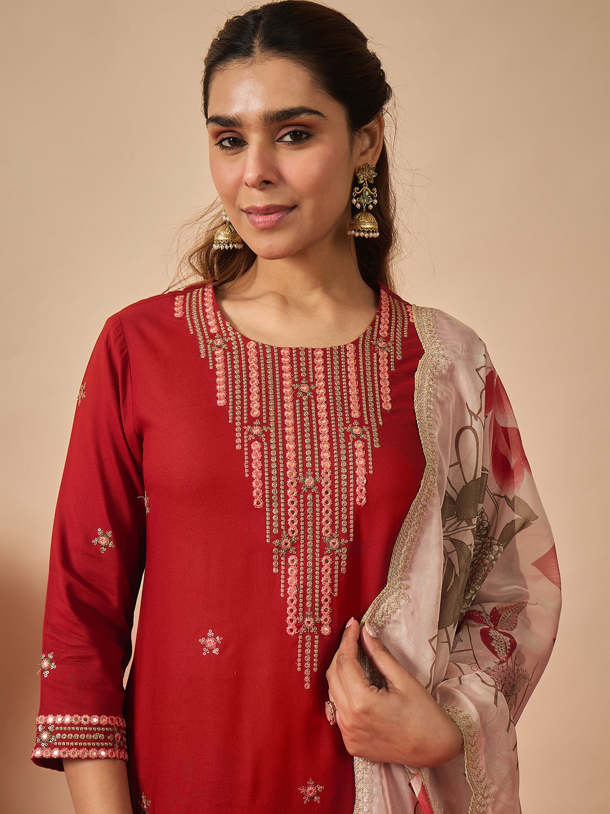 Rust Embroidered Straight Kurta Palazzos With Dupatta Set