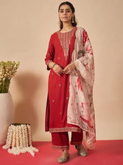 Rust Embroidered Straight Kurta Palazzos With Dupatta Set