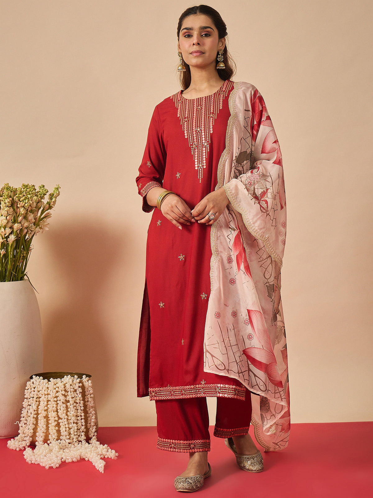 Rust Embroidered Straight Kurta Palazzos With Dupatta Set